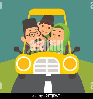 Selamat Hari Raya Aidilfitri. Muslim family is driving back to hometown for Raya celebration (Translationor: Wishing Muslim New Year festival) Stock Vector
