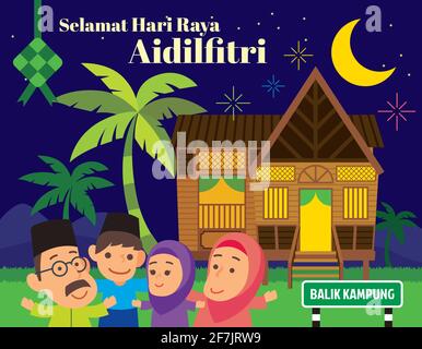 Selamat Hari Raya Aidilfitri. Cartoon Muslim family celebrating Muslim festival at traditional Malay village house / Rumah Kampung Melayu in night sce Stock Vector