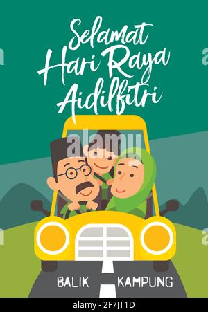 Selamat Hari Raya Aidilfitri. Muslim family is driving back to hometown for Raya celebration (Translationor: Wishing Muslim New Year festival) - vecto Stock Vector