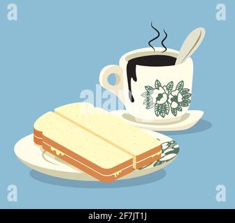 Breakfast set. Traditional oriental style coffee and kaya butter toast set .Vintage Nanyang style coffee cup and plate. Translation: Coconut jam- flat Stock Vector