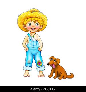 little boy barefoot with dungarees in blue and yellow straw hat stands smiling. The little gardener enjoys the summer. Has a flower on his knee. Stock Photo