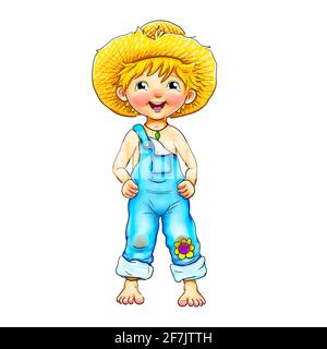 little boy barefoot with dungarees in blue and yellow straw hat stands smiling. The little gardener enjoys the summer. Has a flower on his knee. Stock Photo