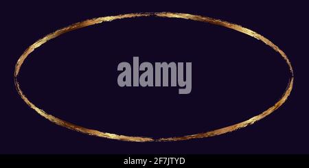 Sparkling oval gold frame with a metallic sheen effect on a dark purple background. Vector design element for decorating borders. Stock Vector