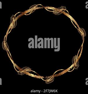Elegant round gold frame on a black background. Drawn textured borders and decorative leaves for graphic design or decoration. Gold border. Stock Vector