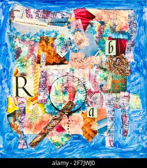 colorful abstract artwork, collage with letters, acrylics paint and scraps of paper on cardboard Stock Photo