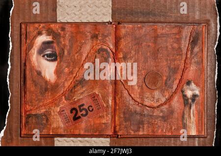 mixed media of book, collage, acrylics colors and cardboard Stock Photo