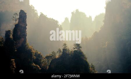 Green mounatins with river valley geomorgy in Zhangjiajie national forest park looks like paradise on earth. Stock Photo