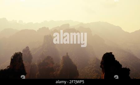 Green mounatins with river valley geomorgy in Zhangjiajie national forest park looks like paradise on earth. Stock Photo