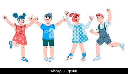 Happy cheerful Children jumping happily and raising hands, cartoon vector illustration isolated on white background. Group of teens boy and girls of p Stock Vector