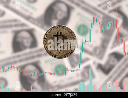 bitcoin on blur charts dollars background Stock Photo