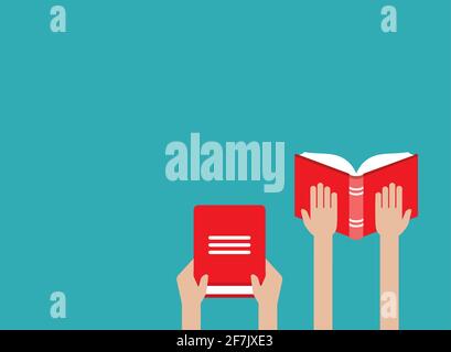 hands hold red open book isolated on blue. Flat reading icon. Vector illustration. Education, study, advanced training. Knowledge, expert, skills Stock Vector