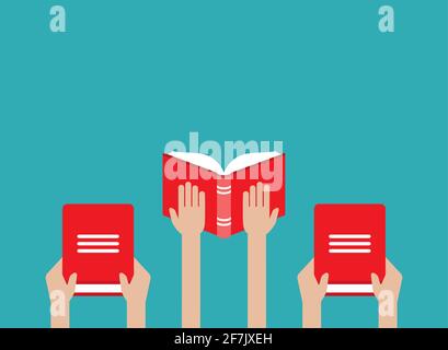 hands hold red open book isolated on blue. Flat reading icon. Vector illustration. Education, study, advanced training. Knowledge, expert, skills Stock Vector