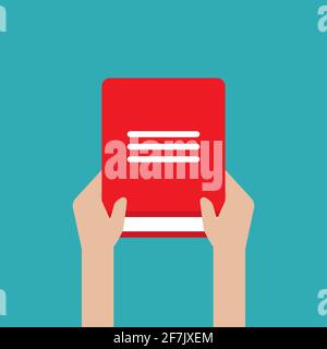 Hands hold red open book isolated on blue. Flat reading icon. Vector illustration. Education, study, advanced training. Knowledge, expert, skills Stock Vector