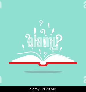 Open book with red book cover and white question marks flying out. Isolated on turquoise background. Flat vector reading icon. Unknown book pictogram. Stock Vector