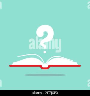 Open book with red book cover and white question mark flying out. Isolated on turquoise background. Flat vector reading icon. Unknown book pictogram. Stock Vector