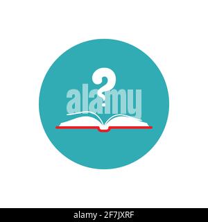 Open book with red book cover and white question mark in blue circle isolated on white background. Flat vector reading icon. Unknown book pictogram. A Stock Vector