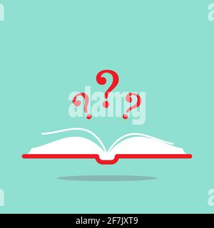 Open book with red book cover and red question marks. Isolated on turquoise background. Flat vector reading icon. Unknown book pictogram. Ask symbol. Stock Vector