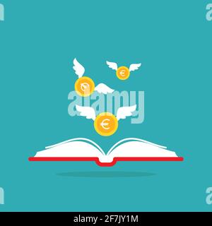 Open book with orange euro sign flying out isolated on blue background. Money book business concept. Flat vector illustration. Account book symbol. In Stock Vector
