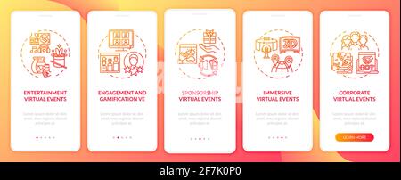 Online events types onboarding mobile app page screen with concepts Stock Vector