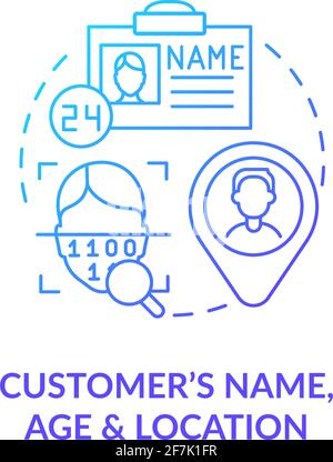 Customer age, name and location blue gradient concept icon Stock Vector