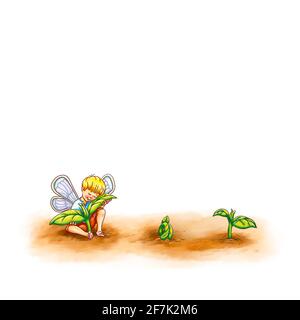 Template elf fairy gnome boy barefoot nature insect hugs small plants leaves young plant hug love growth help support cute sweet small wings garden Stock Photo