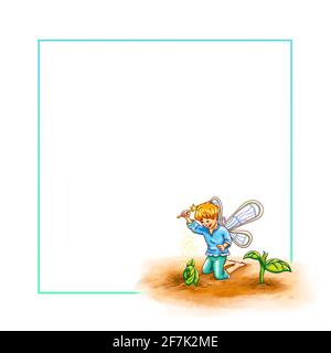 Template elf fairy gnome boy barefoot nature insect hugs small plants leaves young plant hug love growth help support cute sweet small wings garden Stock Photo