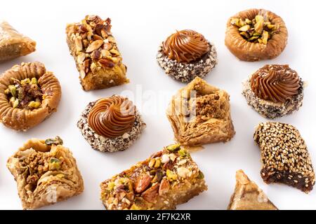 Assortment of Ramadan dessert baklava isolated on white background Stock Photo