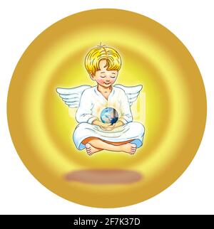 Angel barefoot elohim protector energy lightworker love floats meditation holds new earth in hand smiles smile joy earth globe shines pink peace Stock Photo