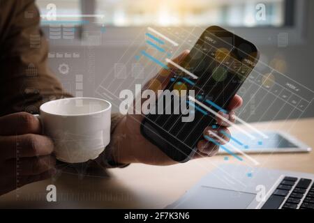 Businessman working project and update Gantt Software Chart scheduling virtual diagram and progress planning quality and communication gantt on virtua Stock Photo