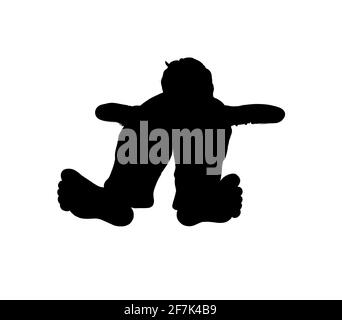 Boy girl child lies barefoot comfortably hands behind head on floor silhouette black background white schoolboy enjoy without shoes break rest vacatio Stock Photo
