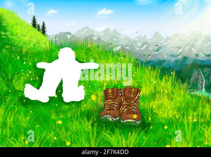 Boy child lies barefoot comfortably hands behind head on meadow white space is empty silhouette above hikers coloring picture shoes break mountains Stock Photo