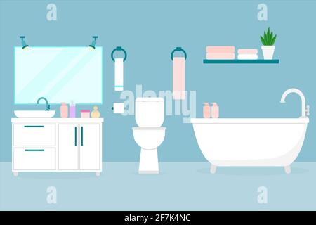 Bathroom interior. Flat illustration of a room with a toilet, bath, washbasin. Bathroom of an apartment, house or hotel. Household items for the rest Stock Vector
