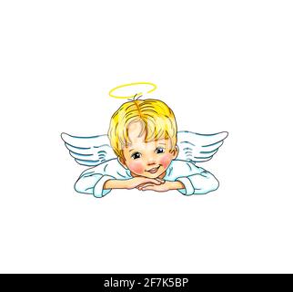 Angel cute sweet child baby boy lies smiling laughing white wings feathers template logo design joy joyful love affection holy companion protector Stock Photo