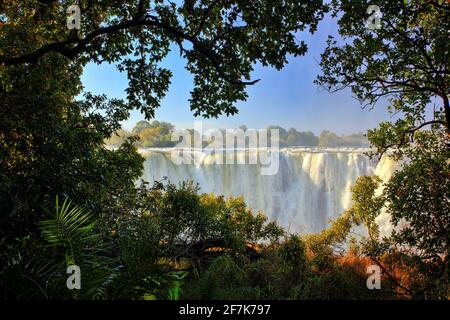 Victoria Falls, waterfall in southern Africa on the Zambezi River at the border between Zambia and Zimbabwe. Landscape in Africa. A lot of water durri Stock Photo