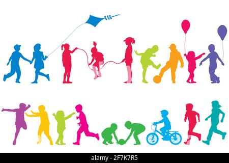 Two sets of colored silhouettes of children playing Stock Vector