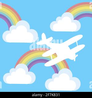 Cartoon background with plane and clouds and rainbow in the sky Stock Vector