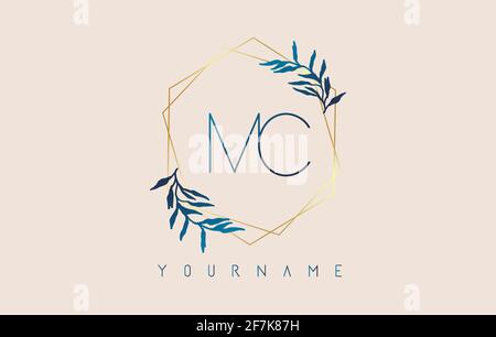 Letters MC m c Logo with golden polygon frames and gradient blue leaves design. Luxury vector illustration with letters M and C and blue gradient leaf Stock Vector