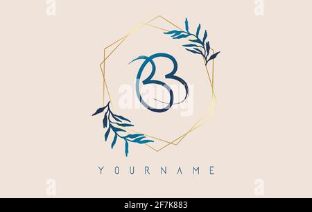 Letters BB b Logo with golden polygon frames and gradient blue leaves design. Luxury vector illustration with letters B and b and blue gradient leaf. Stock Vector