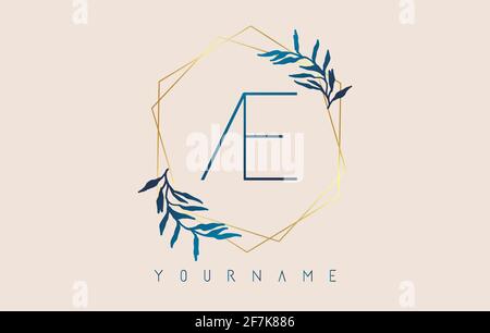 Letters AE a e Logo with golden polygon frames and gradient blue leaves design. Luxury vector illustration with letters A and E and blue gradient leaf Stock Vector