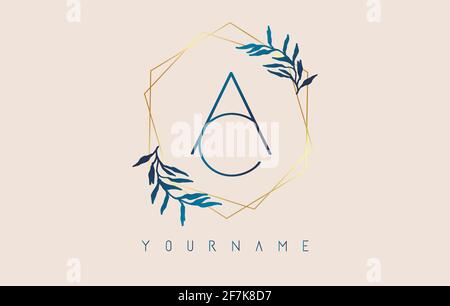 Letters AC a c Logo with golden polygon frames and gradient blue leaves design. Luxury vector illustration with letters A and C and blue gradient leaf Stock Vector