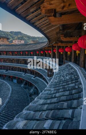 Inside view of a Tulou, a traditional Chinese architecture in Fujian province, China. Stock Photo