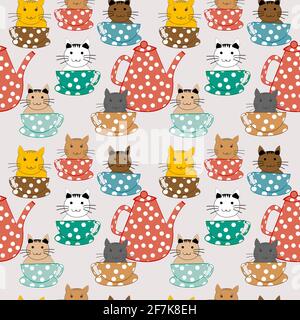 Cartoon cats in cups seamless pattern Stock Vector