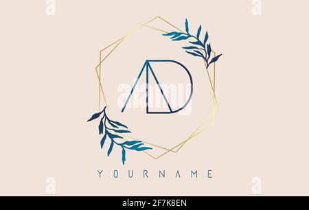 Letters AD a d Logo with golden polygon frames and gradient blue leaves design. Luxury vector illustration with letters A and D and blue gradient leaf Stock Vector