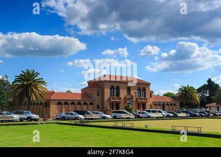 The historic Blue Baths building (1933) in Government Gardens, Rotorua, New Zealand Stock Photo