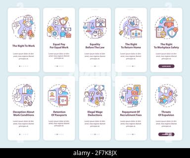 Migrant workers rights onboarding mobile app page screen with concepts set Stock Vector