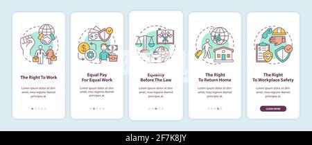 Migrant workers rights onboarding mobile app page screen with concepts Stock Vector
