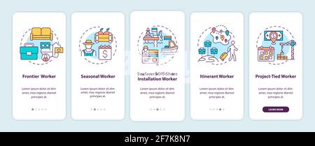 Migrant workers types onboarding mobile app page screen with concepts Stock Vector