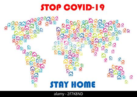 Stop covid 19- Stay home concept with world map and full houses Stock Vector