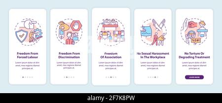 Migrant workers freedoms onboarding mobile app page screen with concepts Stock Vector