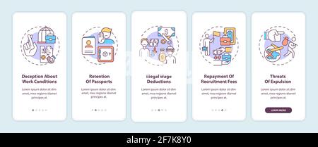 Migrant workers rights violations, abuse onboarding mobile app page screen with concepts Stock Vector